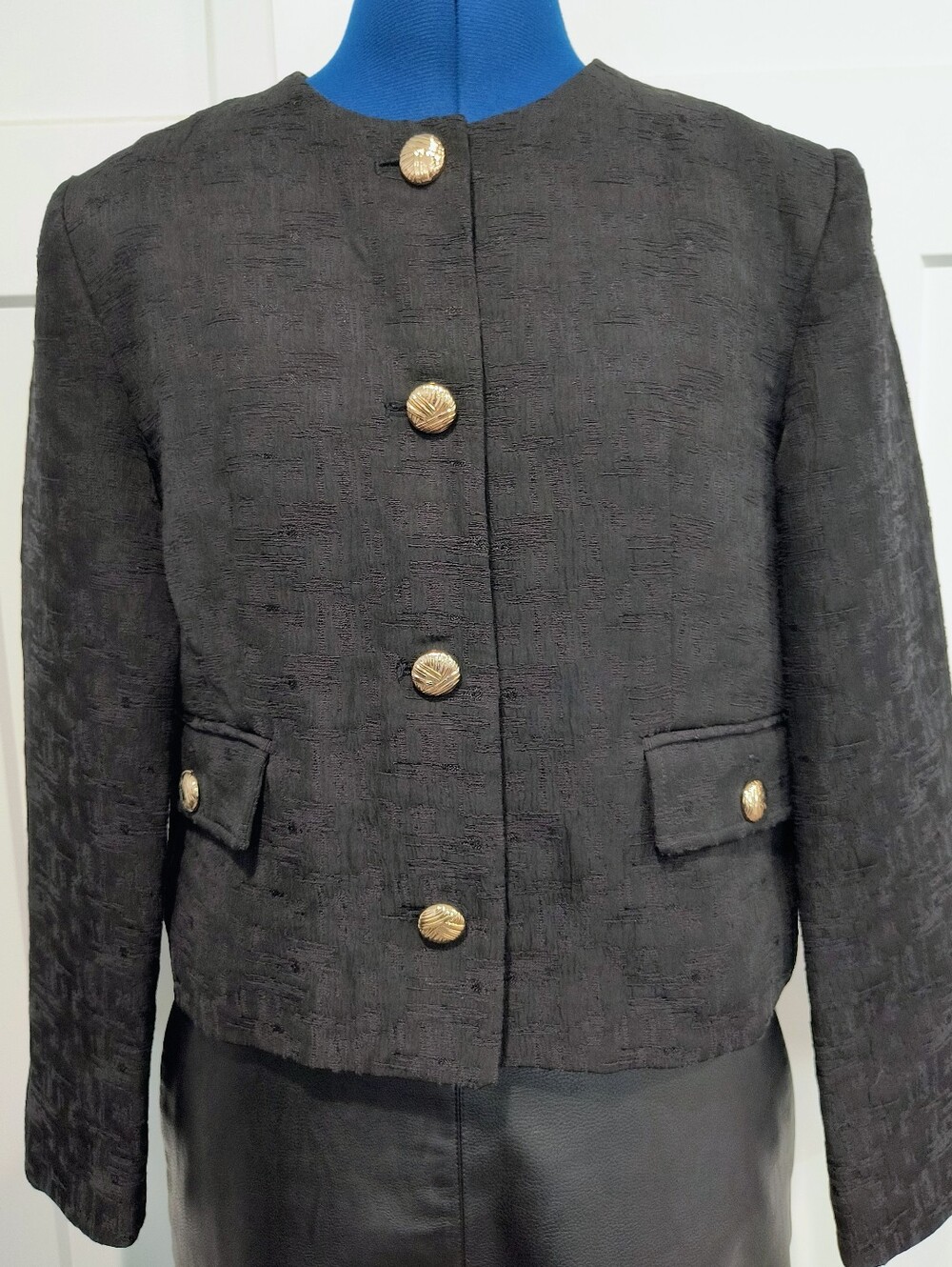 Zara Black Textured Cropped Jacket with Gold Buttons
